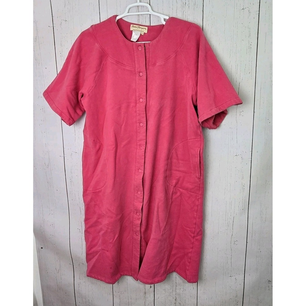Vtg‎ Norm Thompson Housecoat Robe Front Snap Pink Short Sleeve Sleepwear Large